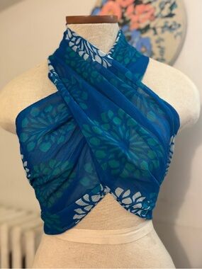 Blue Floral Print Chiffon Sheer Wrap Scarf Sarong